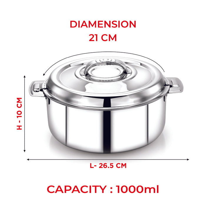 Avistar Double Wall Insulated Stainless Steel Casserole/ Hotpot/ Chapati Box/ Hot Case With Lid | Twist Lock | 1L/ 1.5L/ 2.5L/ 3.5L/ 5L/ 7.5L/ 10L - Silver