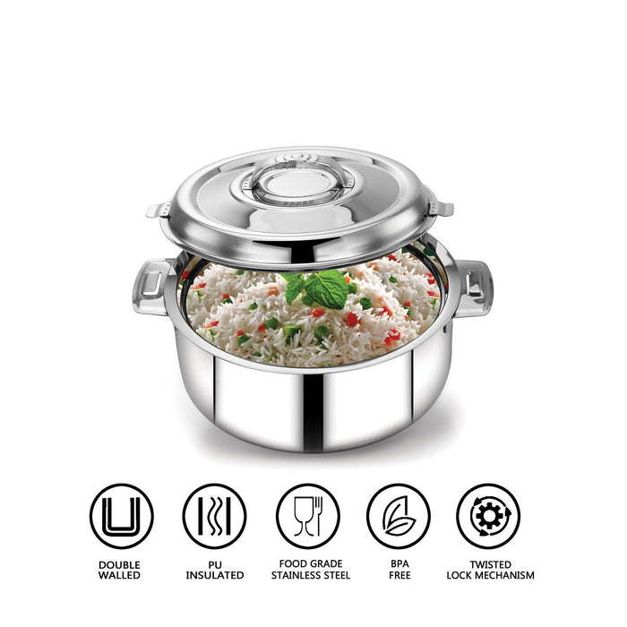 Avistar Double Wall Insulated Stainless Steel Casserole/ Hotpot/ Chapati Box/ Hot Case With Lid | Twist Lock | 1L/ 1.5L/ 2.5L/ 3.5L/ 5L/ 7.5L/ 10L - Silver