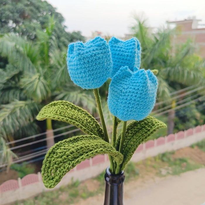 Crochet Tulip Blossoms Flowers (Blue) Set Of 5