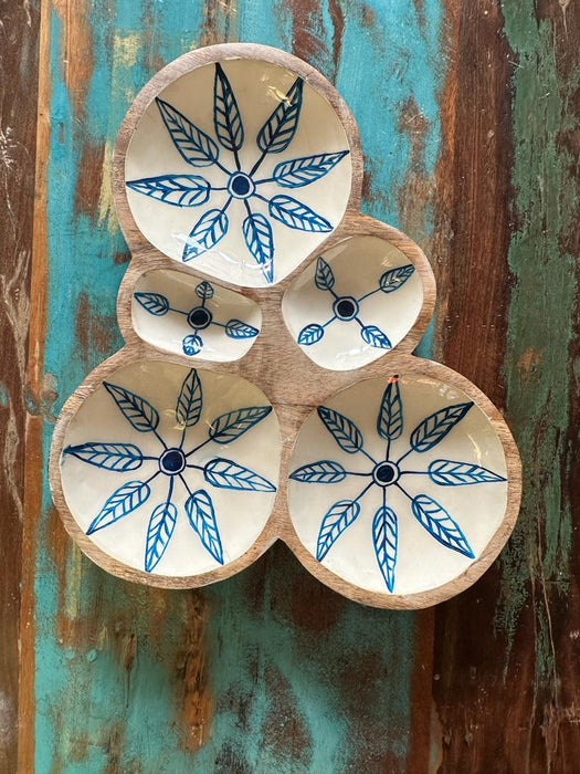 Wooden Blue & White Mango Wood Enamel Chip & Dip Platter