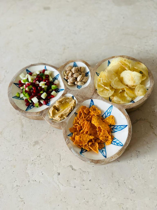 Wooden Blue & White Mango Wood Enamel Chip & Dip Platter