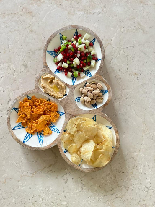 Wooden Blue & White Mango Wood Enamel Chip & Dip Platter