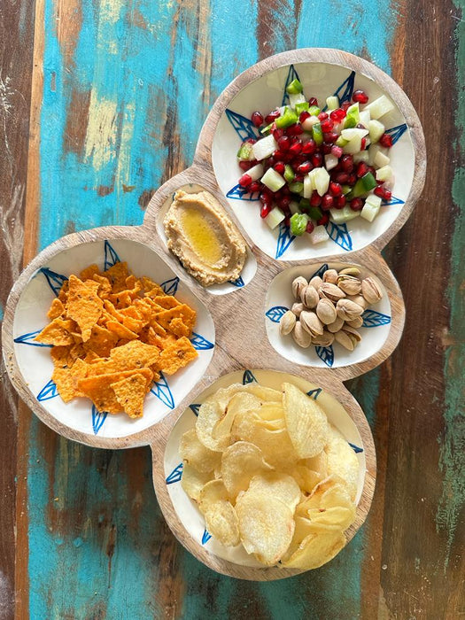 Wooden Blue & White Mango Wood Enamel Chip & Dip Platter