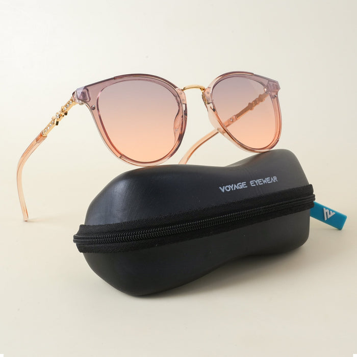 Voyage Cateye Sunglasses for Women (Pink & Grey Lens | Light Pink & Golden Frame - MG3186)