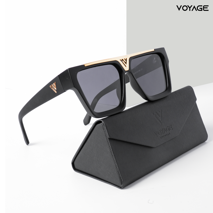 Voyage Exclusive Wayfarer Polarized Sunglasses for Men & Women (Black Lens | Shine Black & Golden Frame - PMG5407)