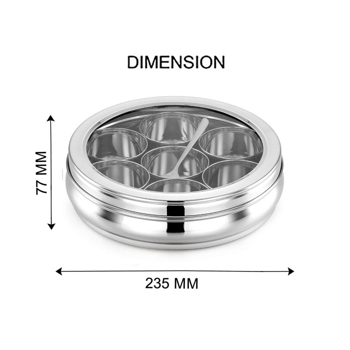 Stainless Steel Deluxe Spice Box With See-Through Lid | Masala Dabba | Masala Dani/Organiser With 7 Compartments And Steel Spoon | Small/ Medium