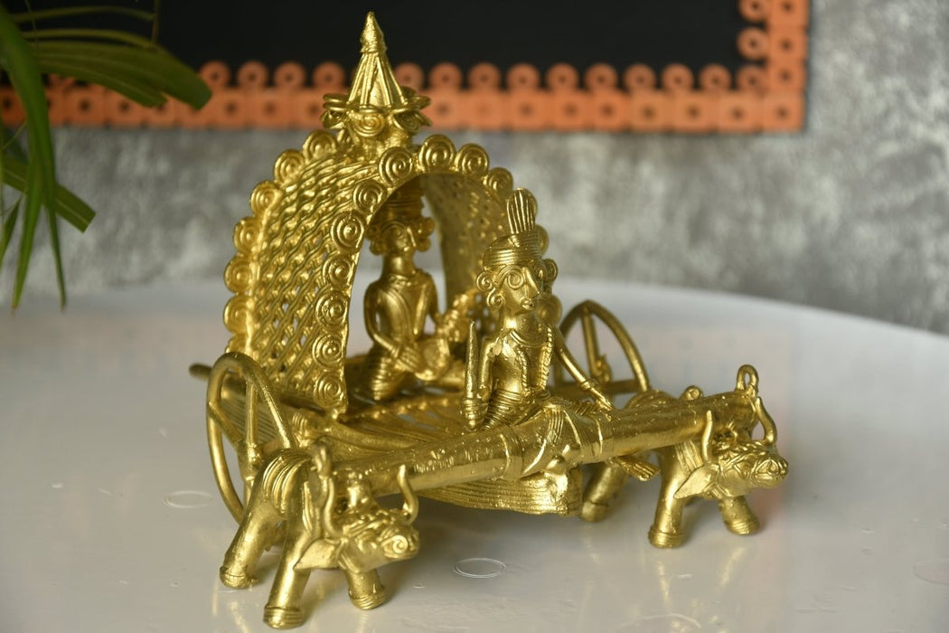 Handmade Dhokra Large Dhokra Craft - Cow Cart Brass Decor tabletop showpiece/figurine made of brass, by artisans, for home decoration and gifting (24cm, large, gold)