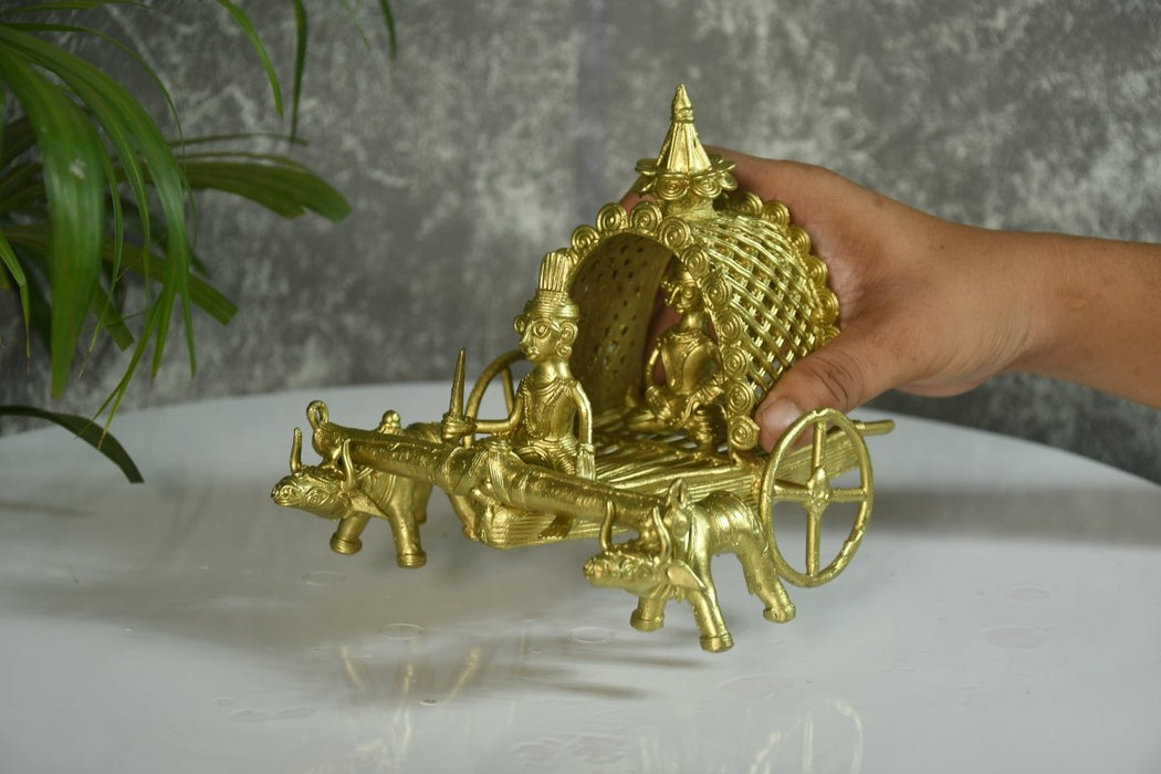 Handmade Dhokra Large Dhokra Craft - Cow Cart Brass Decor tabletop showpiece/figurine made of brass, by artisans, for home decoration and gifting (24cm, large, gold)