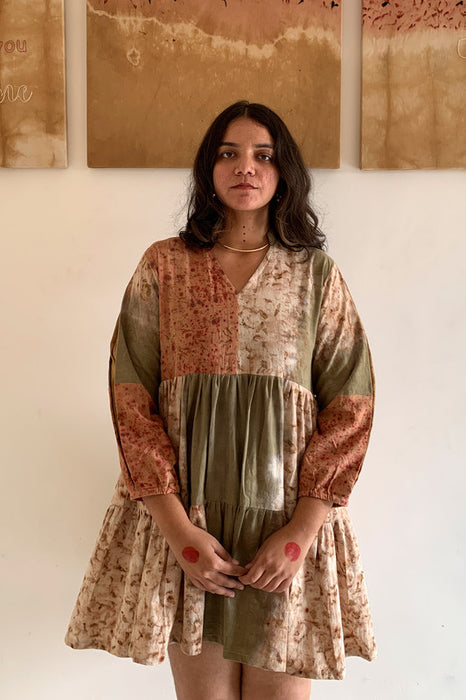 Bageeya “Mistletoe” Natural Dyed Handcrafted Handwoven Organic Cotton Tiered Dress | Crafted with Harda, Marigold, and Manjishta and detailed with Gold zari