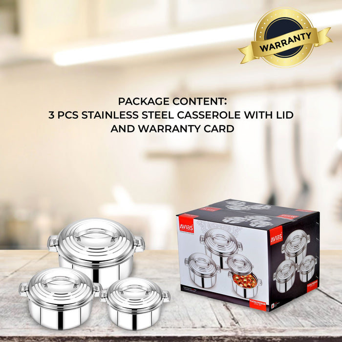 Platina Premium Casserole Gift Set (1000Ml, 1500Ml, 2500Ml) | Riveted Handles | Puf Insulated |