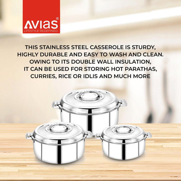 Avistar Gift Set | Double Wall Insulated Stainless Steel Casserole Gift Set | Hot Case/ Hotpot/ Chapati Box/ Curry Serveware | Firm Twist Lock | Sturdy Side Handles |