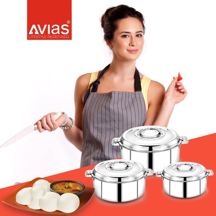 Avistar Gift Set | Double Wall Insulated Stainless Steel Casserole Gift Set | Hot Case/ Hotpot/ Chapati Box/ Curry Serveware | Firm Twist Lock | Sturdy Side Handles |