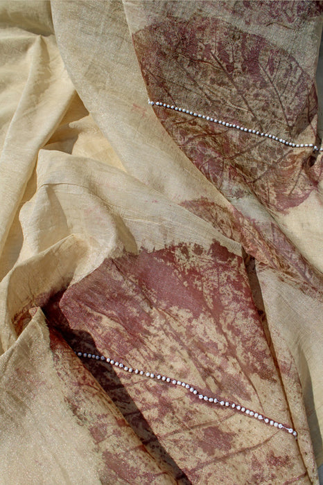 Bageeya Luxury "Leela" Chanderi Saree | Handcrafted Elegance | Leaf Imprinted with Pearl lembroidery