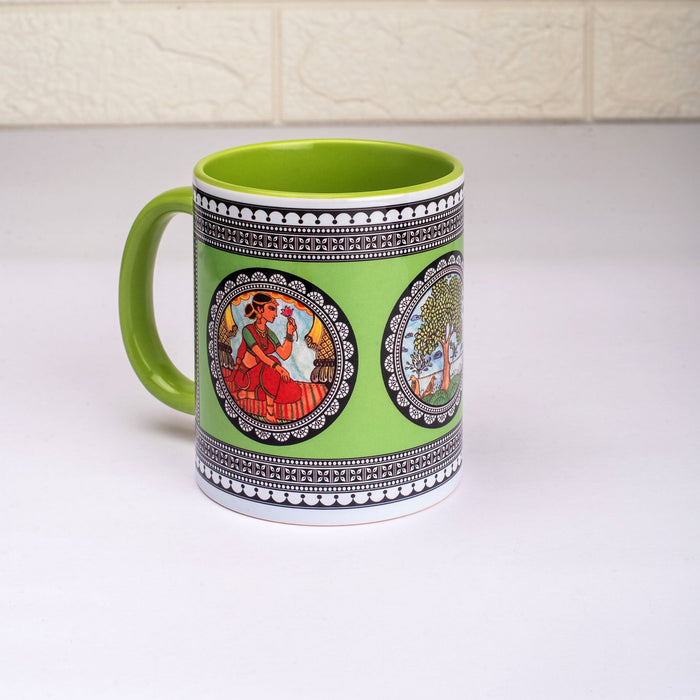 Ceramic Paripatra Pattachitra Mug with Coaster - Green