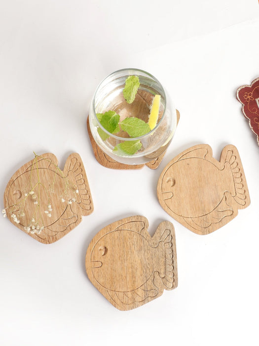 Fish Engraved Wooden Coasters Set Of 4