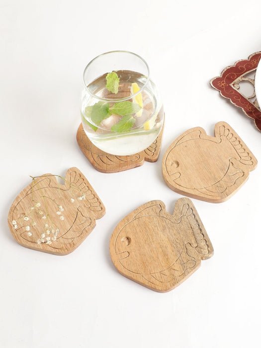 Fish Engraved Wooden Coasters Set Of 4