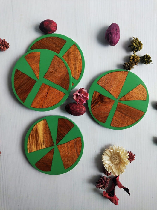 Wooden Green Wood & Resin Coasters Set Of 4