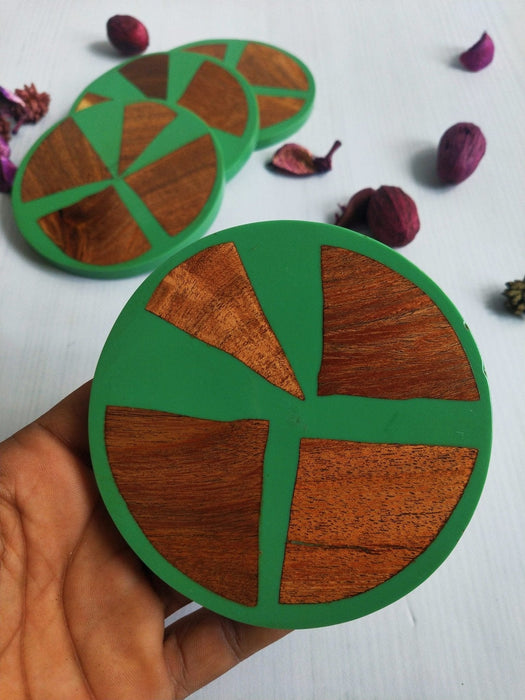 Wooden Green Wood & Resin Coasters Set Of 4