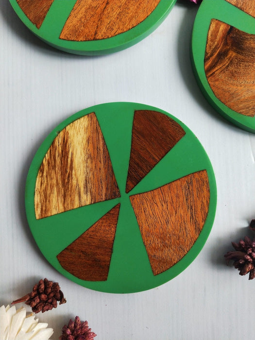 Wooden Green Wood & Resin Coasters Set Of 4