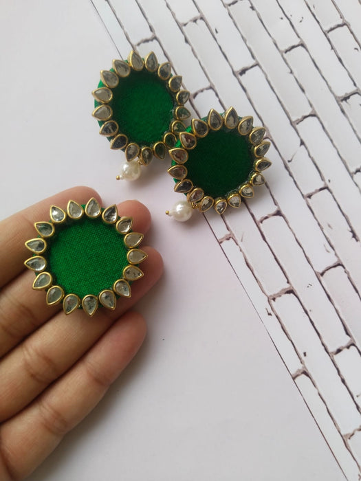 Green Kundan Rings And Studs Earrings Combo Set For Women