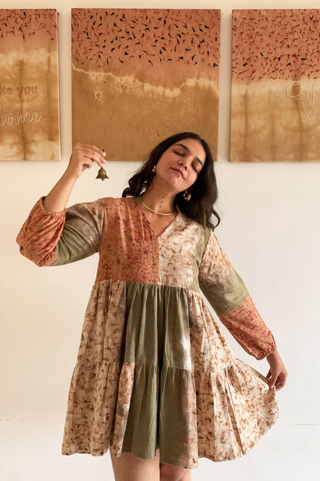 Bageeya “Mistletoe” Natural Dyed Handcrafted Handwoven Organic Cotton Tiered Dress | Crafted with Harda, Marigold, and Manjishta and detailed with Gold zari