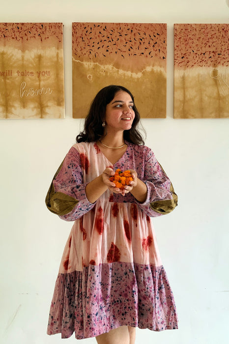 Bageeya “Comet” Natural Dyed Handcrafted Handwoven Organic Cotton Tiered Dress  | Crafted with Lac and beel patra infused in manjishta and detailed with Gold zari