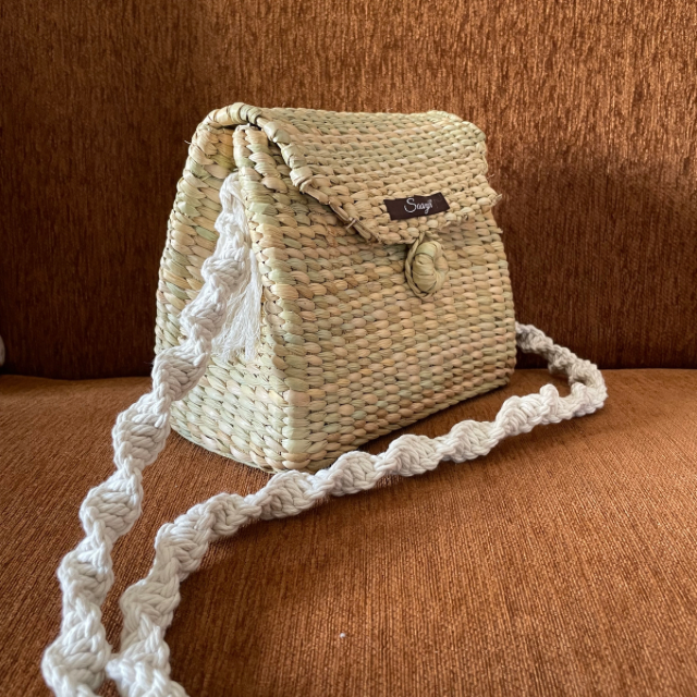 Neutral Straw Macrame Sling Bag | White