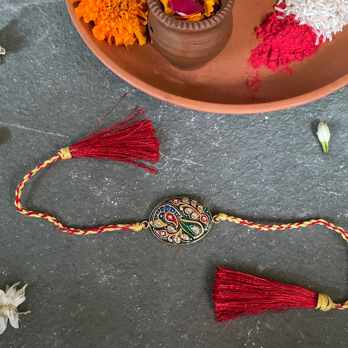 Tanjore Rakhi Lumba Set - Green & Yellow