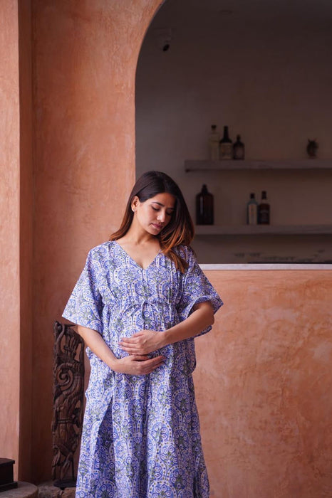 Baby Blue Hand Block Cotton Maternity Kaftan