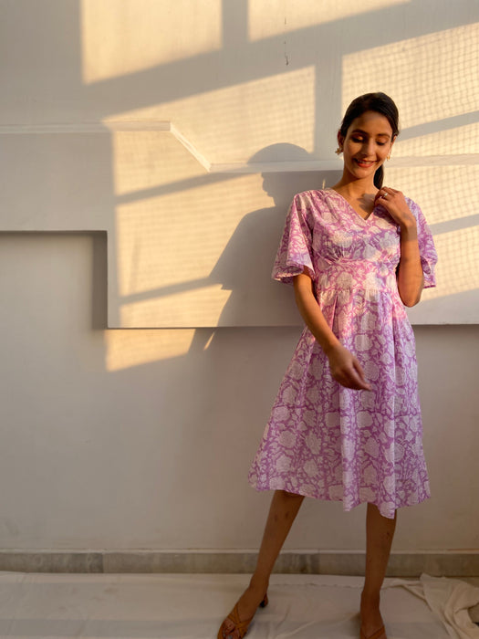 Sunshine hand block printed frill sleeve cotton dress