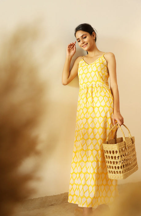 Macha Hand Block Gathered Long dress