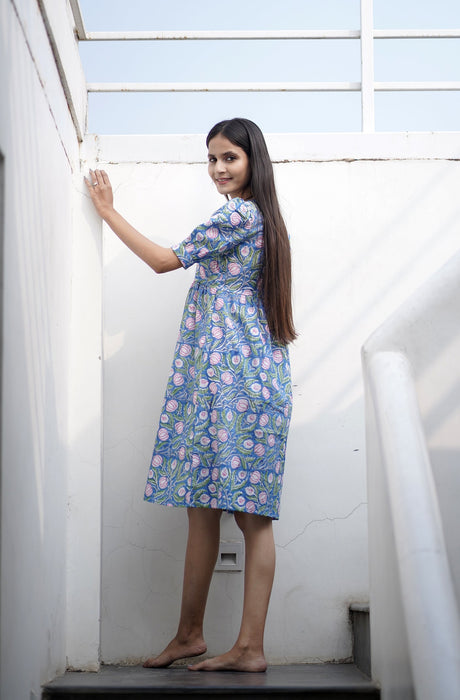 Freida Hand Block Printed Puff Sleeve Cotton Dress