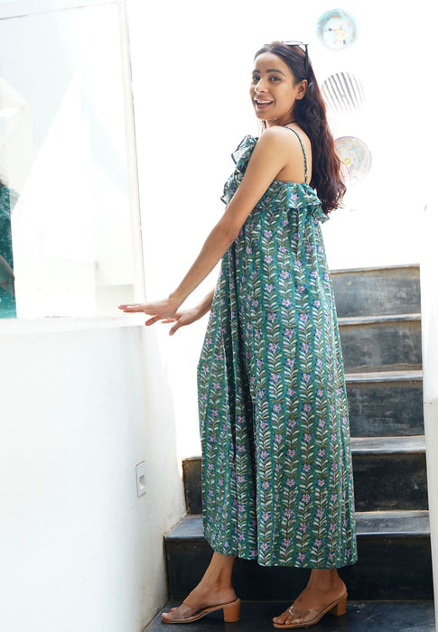 Pine Green Ruffle Maxi Slip Dress