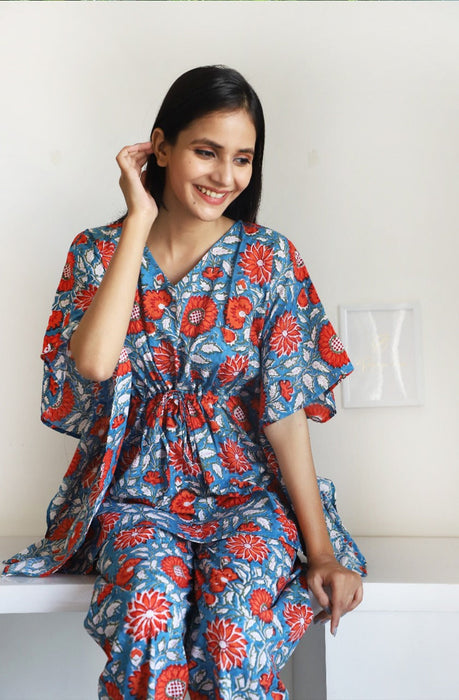 Rachael Hand Block Printed Kaftan Pyjama Set