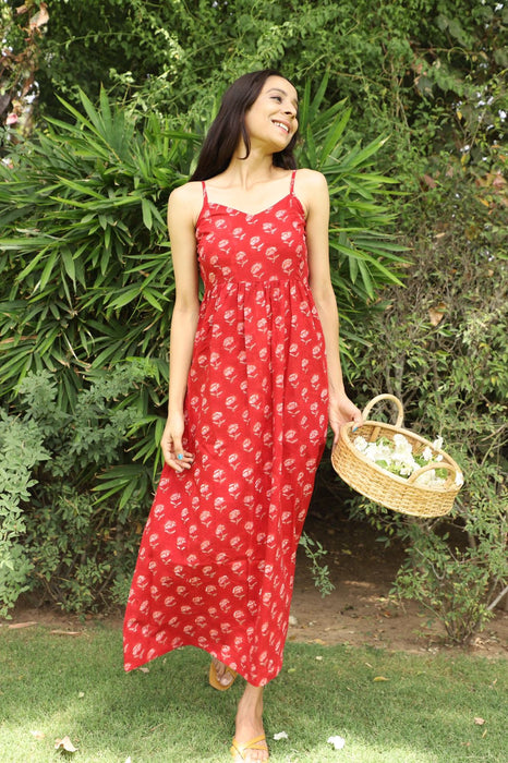 Candy Apple Hand Block Cotton Gathered Dress