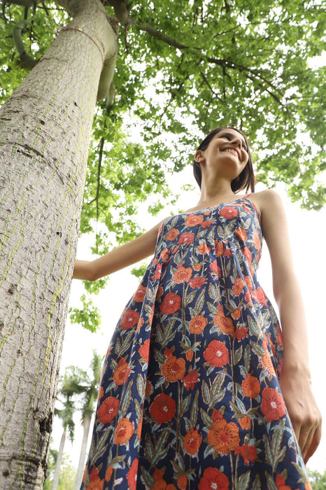 Blueberry Blue Hand block Gathered Dress