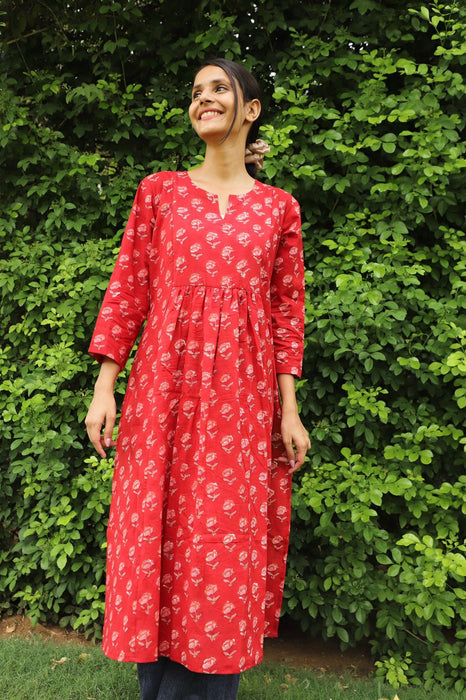 Rosso Corsa Hand Block Cotton Gathered Kurta