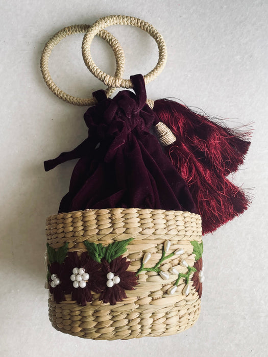 Kauna Velvet Hand-embroidered Potli Bag | Ethnic Boho Style Drawstring Purse | Saanjh Exclusive