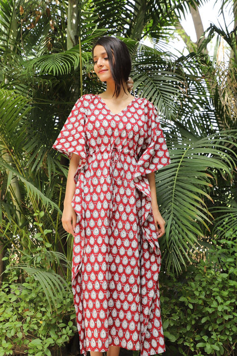 Autumn Bloom Hand Block Cotton Kaftan