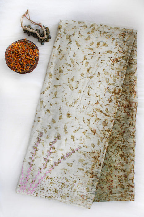 Bageeya 'Saraswati " Khadi Tussar Cotton Saree | Temple Marigold & French Knot Design