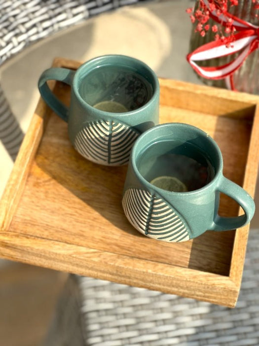 Leafy Green Coffee Cup Set Of 2 With Wooden Tray