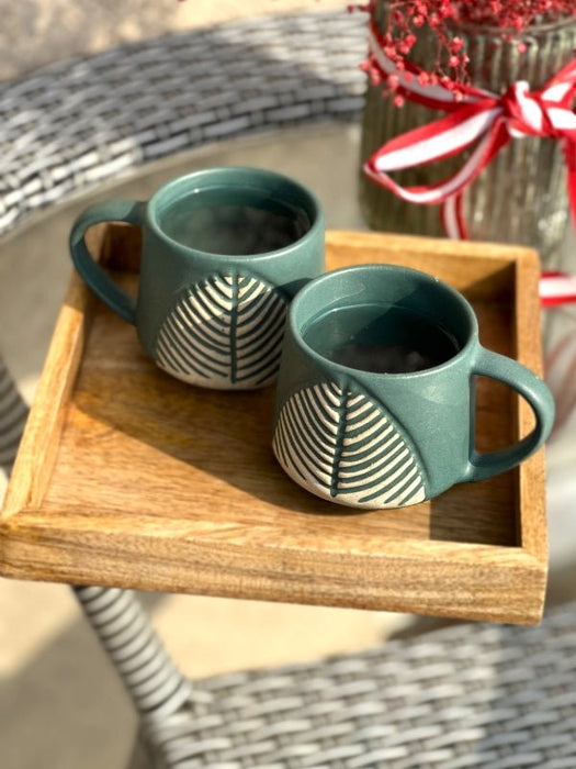 Leafy Green Coffee Cup Set Of 2 With Wooden Tray