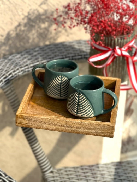 Leafy Green Coffee Cup Set Of 2 With Wooden Tray