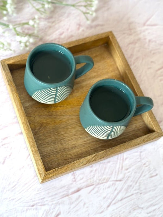 Leafy Green Coffee Cup Set Of 2 With Wooden Tray