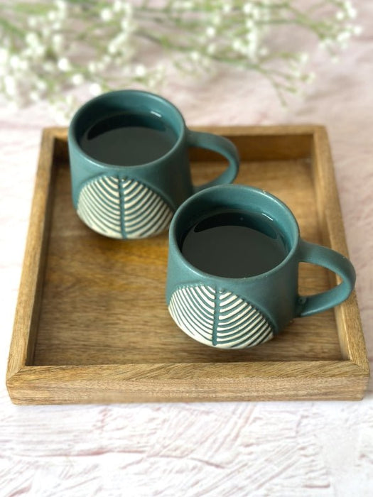 Leafy Green Coffee Cup Set Of 2 With Wooden Tray