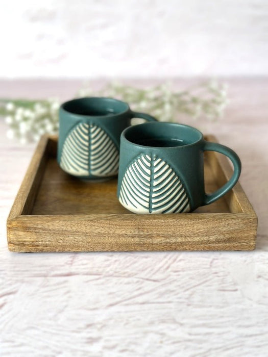 Leafy Green Coffee Cup Set Of 2 With Wooden Tray