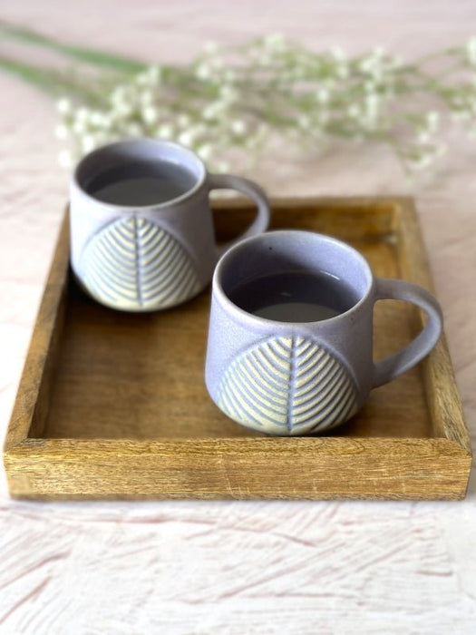 Leafy Lavender Coffee Cup Set Of 2 With Wooden Tray