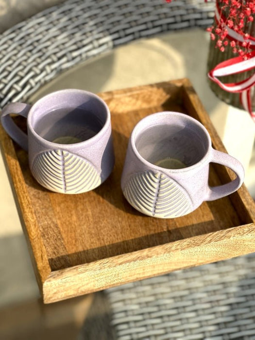 Leafy Lavender Coffee Cup Set Of 2 With Wooden Tray