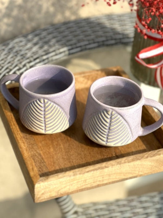 Leafy Lavender Coffee Cup Set Of 2 With Wooden Tray