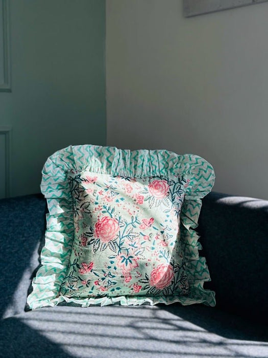 Mint Blue Chintz Ruffle Cushion Cover